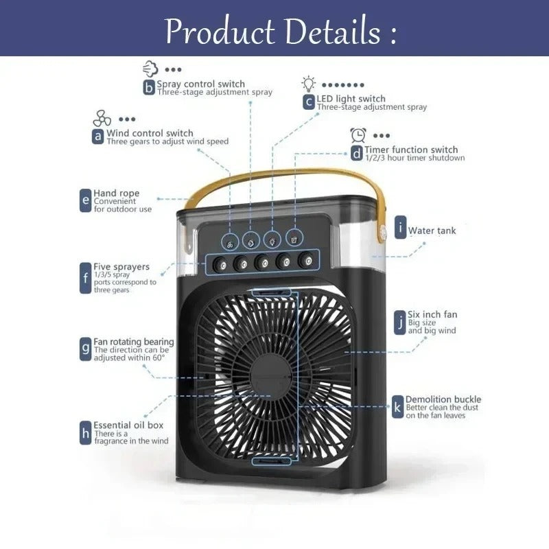 Portable Air Conditioner Fan | Usb Electric Fan With Led Night Light, Fine Mist Water