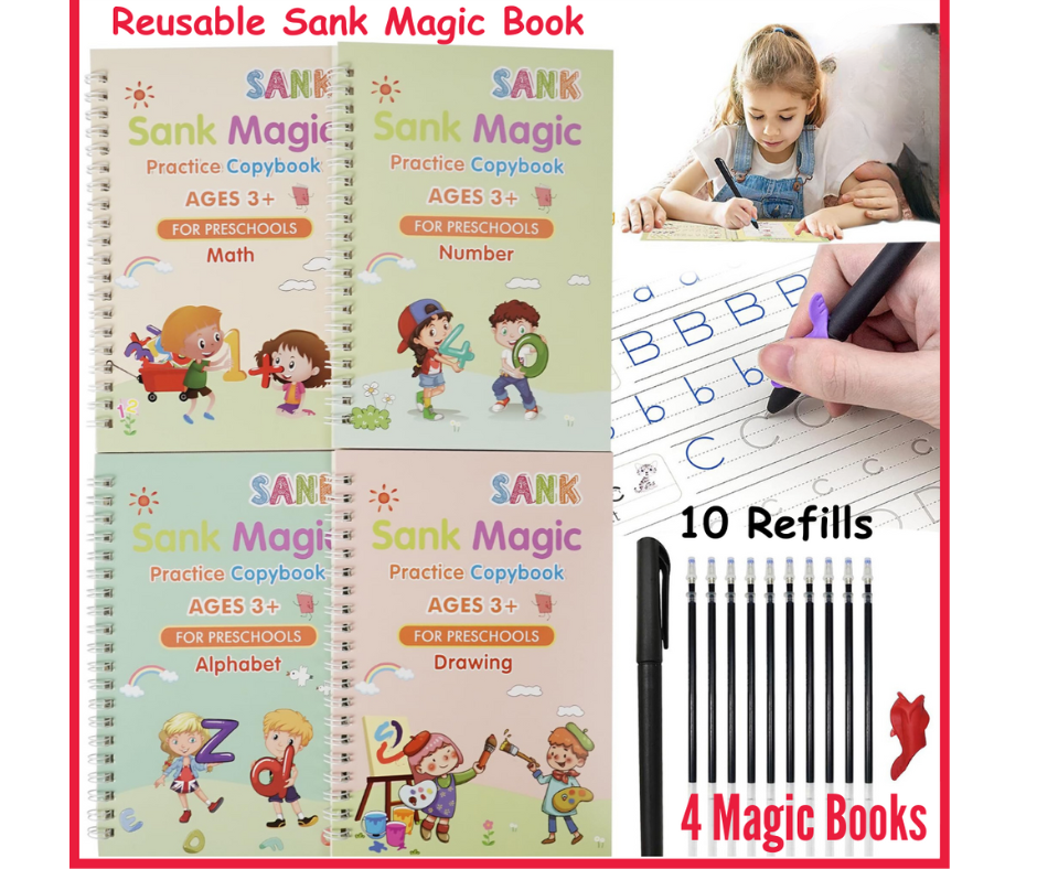Sank Magic Practice Copybook (4 Books + Magic Pen & 10 Ink Refills) Sank Magic Book for Montessori Children Tracing Handwriting First Preschool Baby Learning Books for Kids