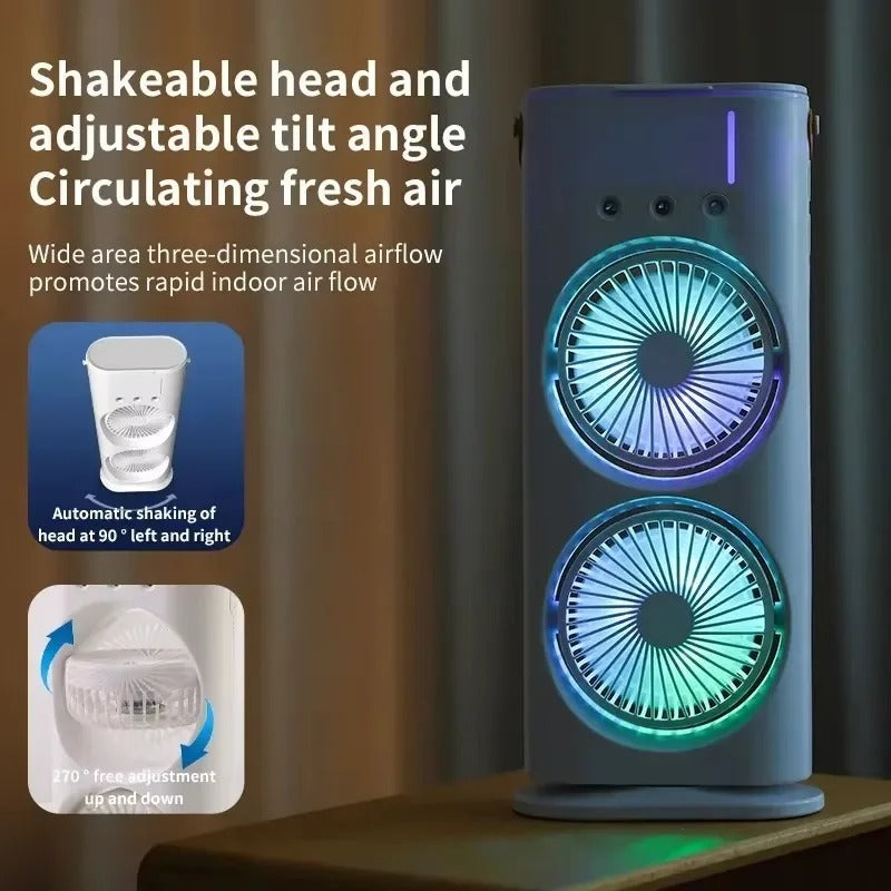 Mini Double Head Mist Fan with LED Light & Humidifier | Portable Air Cooler for Home, Office & Travel