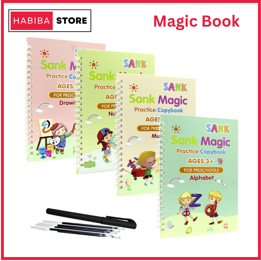 Sank Magic Practice Copybook (4 Books + Magic Pen & 10 Ink Refills) Sank Magic Book for Montessori Children Tracing Handwriting First Preschool Baby Learning Books for Kids