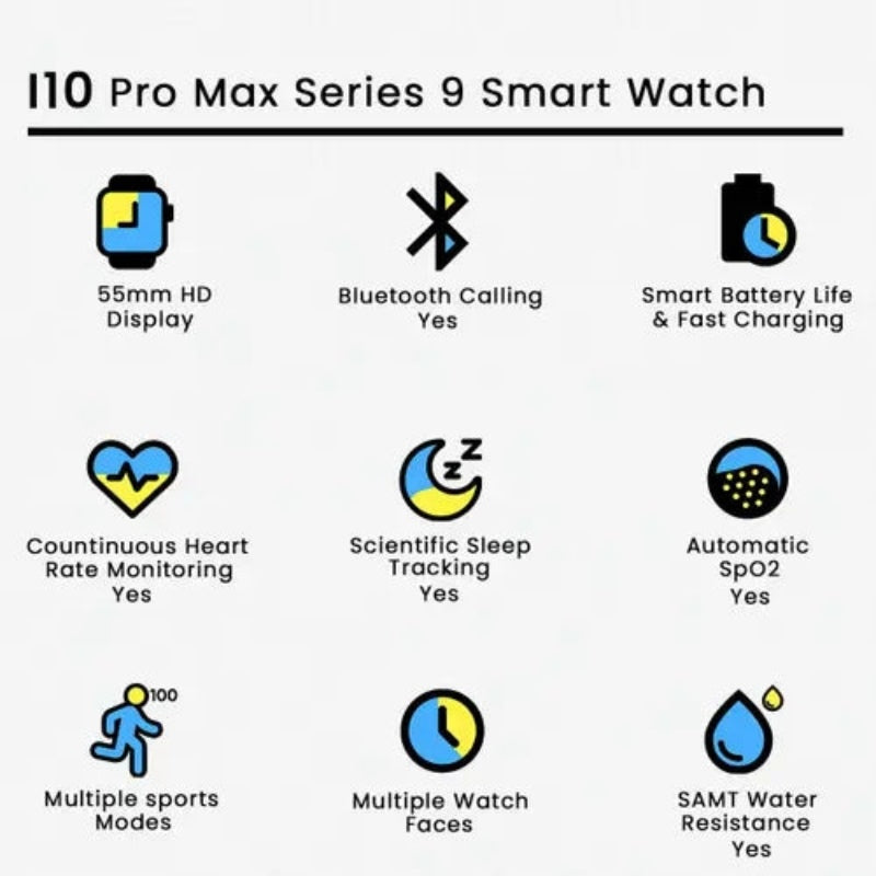 Men & Women i10 Pro Max Smart Watch Series 9 – Bluetooth Calling, HD Display, Fitness & Health Tracker | Random Colors