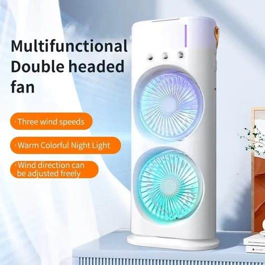 Mini Double Head Mist Fan with LED Light & Humidifier | Portable Air Cooler for Home, Office & Travel