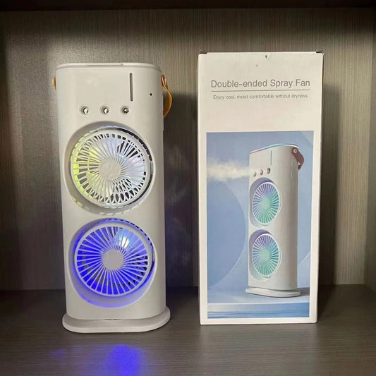 Mini Double Head Mist Fan with LED Light & Humidifier | Portable Air Cooler for Home, Office & Travel