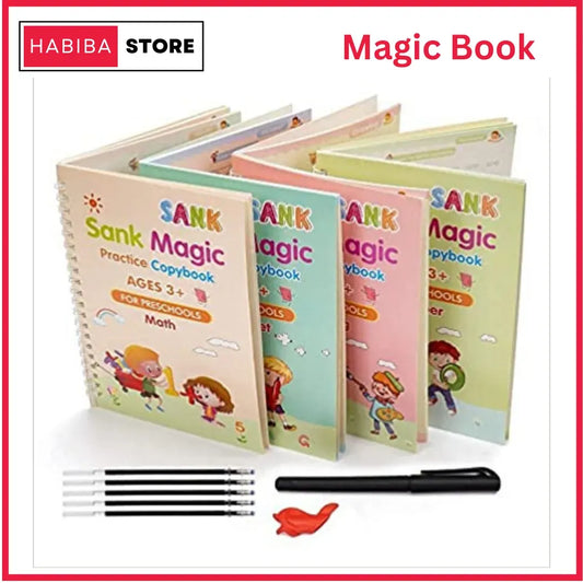 Sank Magic Practice Copybook (4 Books + Magic Pen & 10 Ink Refills) Sank Magic Book for Montessori Children Tracing Handwriting First Preschool Baby Learning Books for Kids