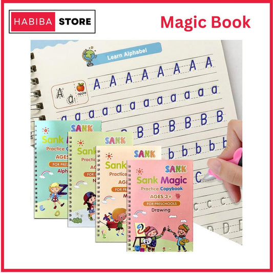 Sank Magic Practice Copybook (4 Books + Magic Pen & 10 Ink Refills) Sank Magic Book for Montessori Children Tracing Handwriting First Preschool Baby Learning Books for Kids